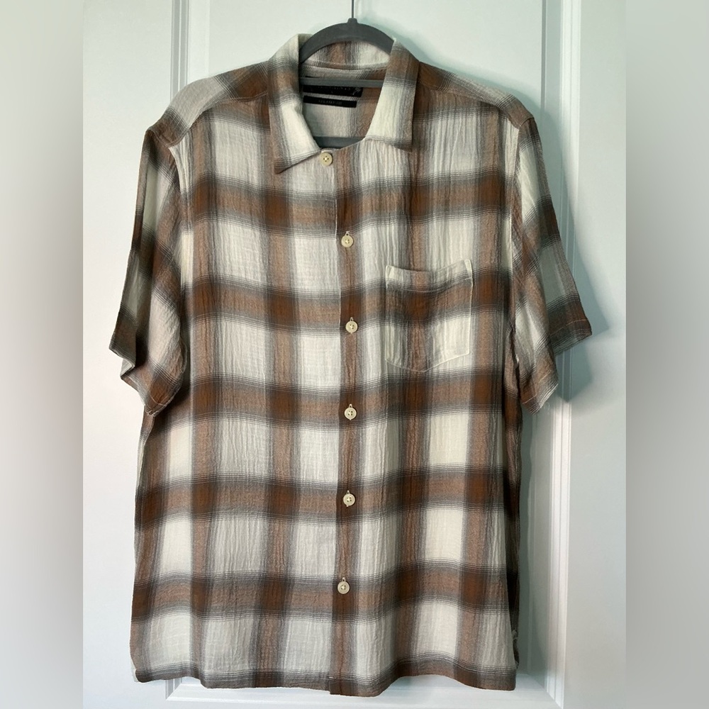 ALLSAINTS Landa Slim Fit Plaid Short Sleeve Button Up Shirt Vanilla White SZ L